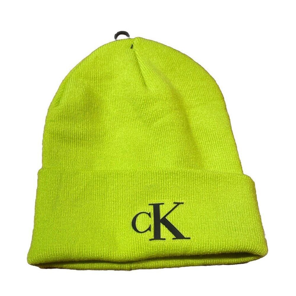 Calvin Klein Logo‎ Beanie Hat Neon Green One Size NWT Cuffed Knit Winter Gift!